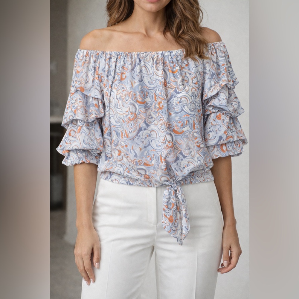 CeCe Light Blue Paisley Off-Shoulder Ruffle Tie-Front Blouse